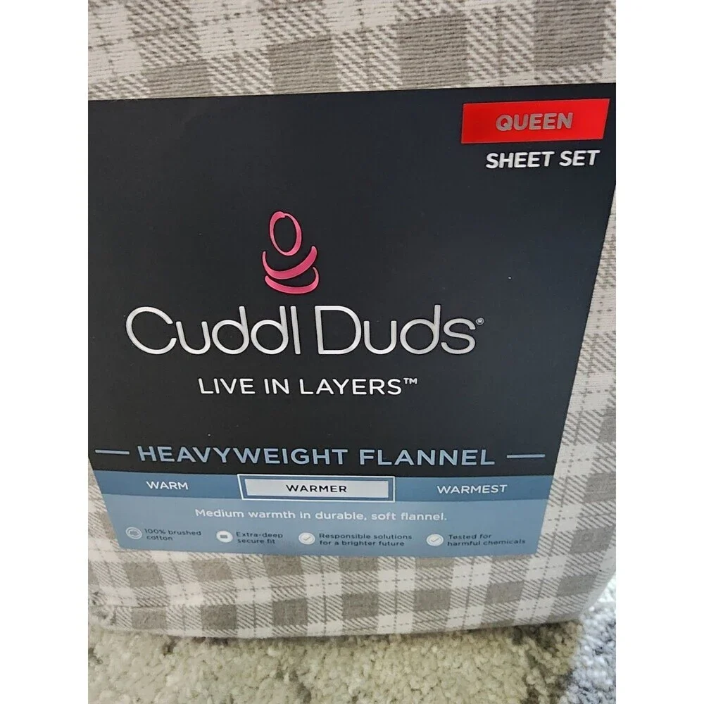 Cuddl Duds Heavyweight Flannel QUEEN Brushed Cotton Sheet Set Neutral Buff Check